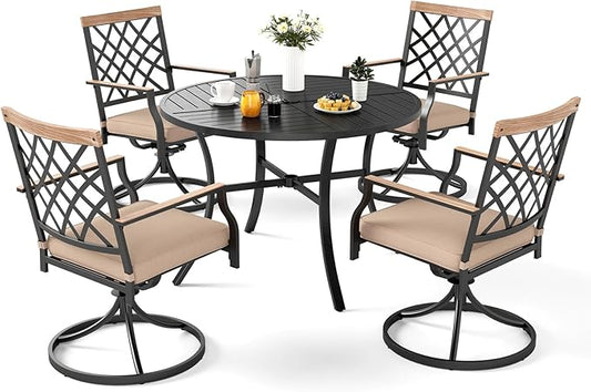 MFSTUDIO 5 PCS Patio Dining Set with 4 Swivel Metal Chair with Cushion and 1 Heavy Duty Round Table for 4, All Weather Resistant Patio Furniture for Lawn and Garden