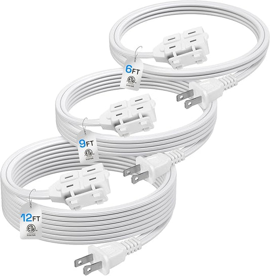 BN-LINK 3-Outlet Indoor Extension Cord, 6/9/12 ft Variety 3-Pack, 16/2 SPT-2, 2 Prong Polarized Plug, White Household Power Cord for Home, Office & Holiday Decorations