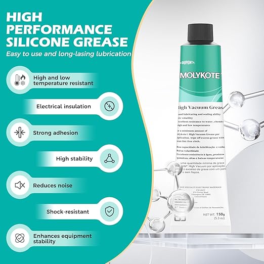 Molykote High Vacuum Grease 150g (5.3oz) Silicone Lubricant for Vacuum and Pressure Systems Rubber Elastomer Lubrication Valves Packings Seals O-Rings Water Chemical Resistance Wide Temperature
