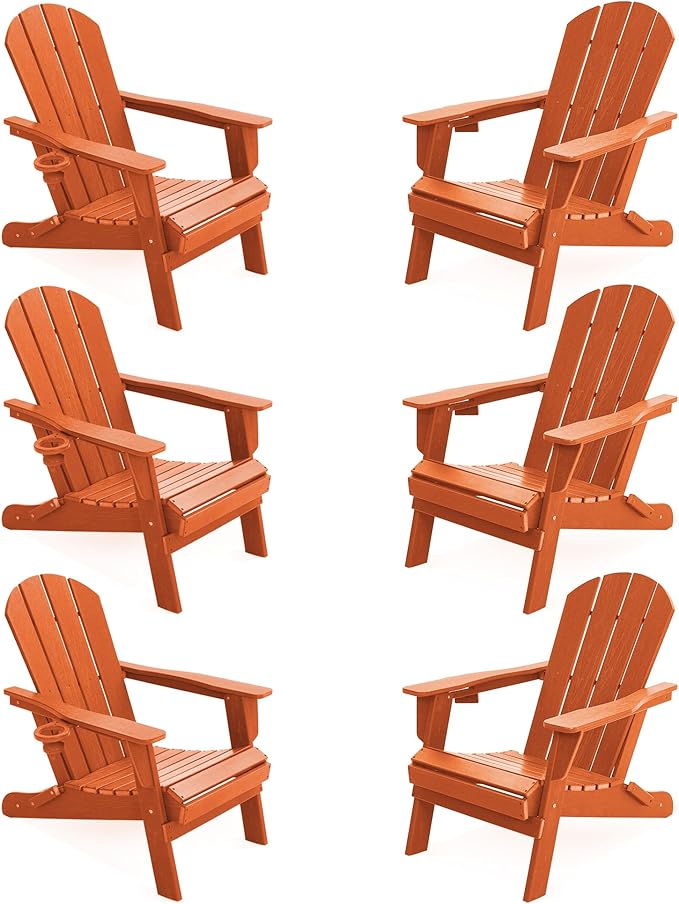 LOUNZY Folding Adirondack Chairs Set of 6, HDPE All-Weather Folding Adirondack Chair with Cup Holders, Outdoor Patio Adirondack Chair for Deck Lawn Fire Pit, Orange