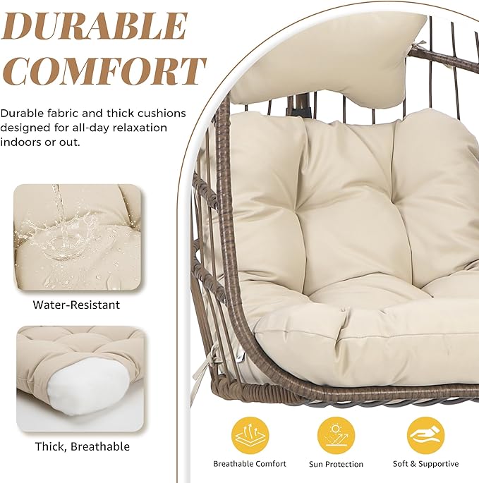 BLUEXYARD Hanging Egg Chair with Stand, 350 Lbs Heavy-Duty Wicker Swing Hammock Swing Basket with Padded Cushion, Modern Dome-Style Eggshell Seat for Indoor Outdoor Patio Garden Bedroom, Brown Tan