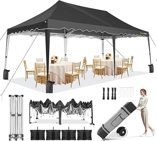 HOTEEL 10x20 Pop Up Canopy, Outdoor Easy Setup Party Tent, Waterproof Portable Enclosed Event Shelter with Wheeled Bag, Weight Bag for Backyard, Vendor, Black