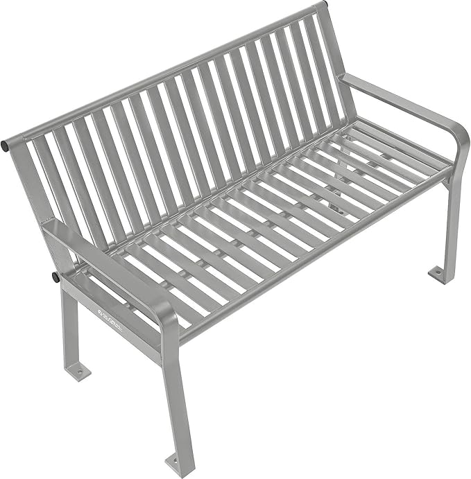 Global Industrial 4 ft. Outdoor Park Bench with Back, Vertical Steel Slat Construction, 600 lbs Capacity, Gray, Unassembled, Heavy Duty Commercial Bench