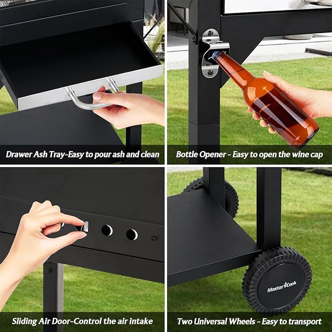 MASTER COOK Charcoal Grills with Two Side Tables, 17'' Outdoor Smoker Barbecue bbq grill for Camping, Patio,Backyard Party, Picnic, Black