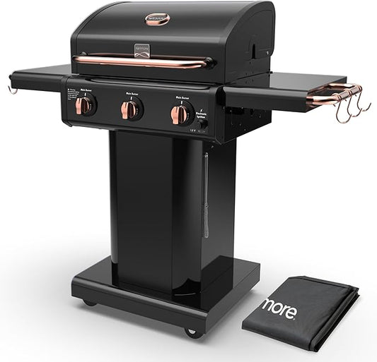 Kenmore 3-Burner Propane BBQ Grill, 30,000 BTUs Gas Grill with Cast Iron Cooking Grates, Folding Side Tables & Wheels, Outdoor Grill with Tool Hooks, Black/Copper + Bonus Cover