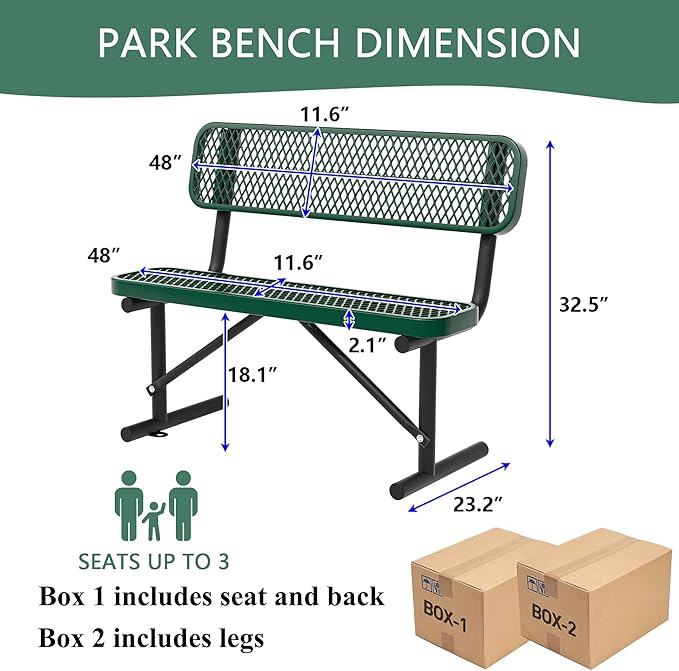 4 Feet Heavy Duty Metal Park Bench for Outside, Outdoor Bench with Backrest & Portable Frame, Commercial Benches for Shopping Malls, Stores, Parks, Patios, Decks, Green