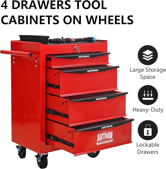4 Drawers Rolling Tool Box on Wheels, Multifunctional Tool Cart, Drawers Rolling Trolley Organizer Tool Storage Chest for Warehouse,Garage,Workshop,Repair Shop (4 Drawers-30.5" H)