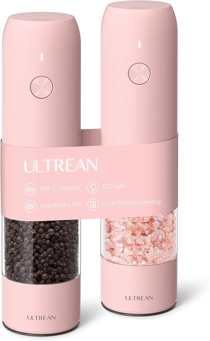 Ultrean Electric Pepper Grinder, Rechargeable Salt and Pepper Grinder with 6 Adjustable Coarseness, Automatic Grinder for Kitchen, LED Light, Christmas Gifts for Women, Pink
