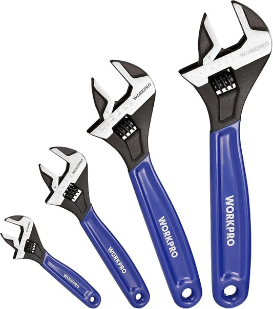 WORKPRO 4-piece Adjustable Wrench Set, 6-Inch & 8-Inch & 10-Inch & 12-Inch Wrenches, Wide Jaw Black Oxide Wrench, Metric & SAE Scales, Cr-V Steel, for Home, Garage, Workshop