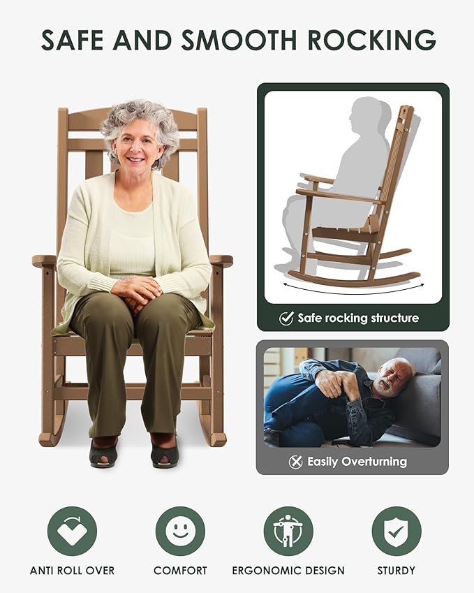 Outdoor Rocking Chair Set of 6, All-Weather Resistant Poly Lumber Rocker Chair Outdoor, High Back Plastic Patio Rocking Chairs for Outside Porch Rocker Garden Lawn, Weather Wood