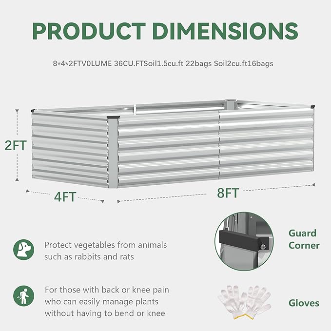 FOOWIN 8x4x2ft Galvanized Raised Garden Bed, Planter Raised Garden Boxes Outdoor, Large Metal Raised Beds for Gardening, Garden Bed for Vegetables, Flowers, Herb,478 Gallon Capacity, Silver