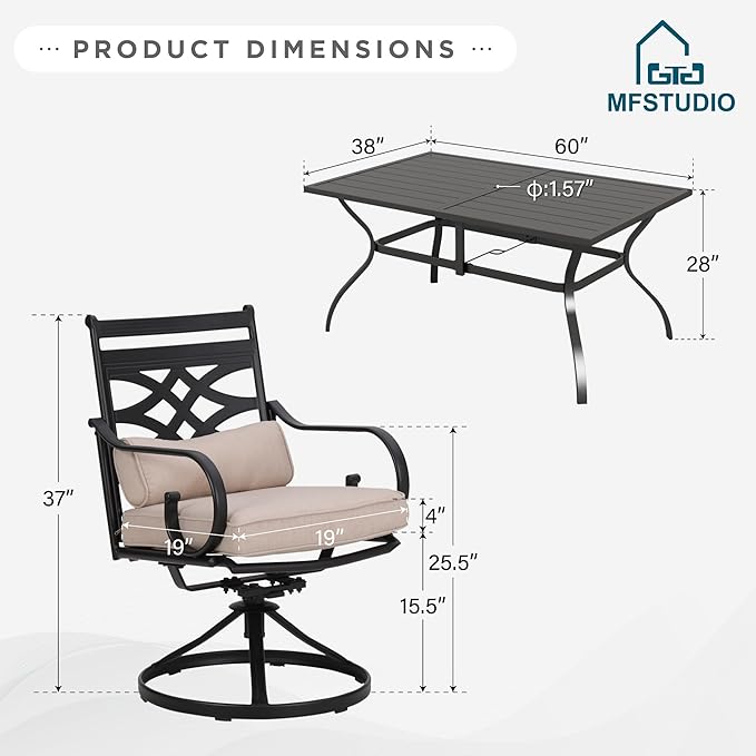MFSTUDIO Patio Table and Chairs Set of 6, Patio Dining Sets with Swivel Chairs, 7 Piece Outdoor Dining Set with Umbrella Hole, Outdoor Patio Furniture Set for Deck Backyard Garden