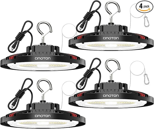 CINOTON 210W UFO LED High Bay Light, Aluminum LED Shop Lights with 31500LM, 5000K Commercial Bay Lighting for Warehouse Garage Workshop Factory, 6' Cable & Safety Rope, ETL Listed 4 Pack