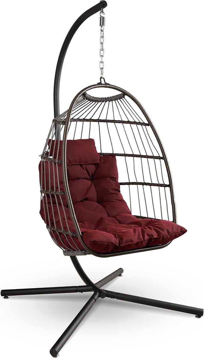 SereneLife Foldable Egg Swing Chair with Stand Outdoor Indoor Rattan Wicker Hanging Egg Chair with Waterproof Cushion and Headrest Cozy Patio Porch Bedroom Garden Relaxing Swing for Adults Heavy Duty