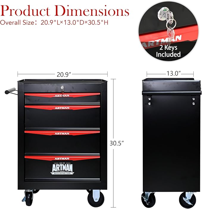 4 Drawers Tool Cart on Wheels, Multifunctional Rolling Tool Storage Chest, Drawers Rolling Trolley Organizer Tool Box for Warehouse, Garage, Workshop, Repair Shop (4 Drawers-30.5" H)