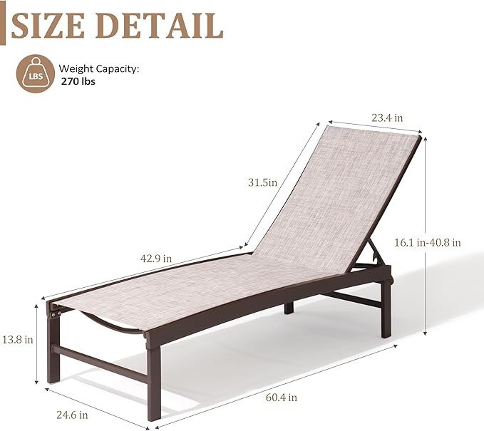 Patio Aluminum Chaise Lounge Chair, Set of 4 Outdoor Recliner Lounge Chair Sun Loungers, All Weather Chaise with 5 Adjustable Backrest and Lay Flat Positions for Garden, Balcony, Pool