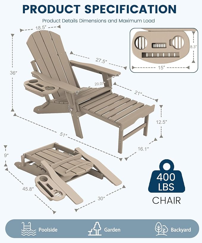 FOOWIN Folding Adjustable Adirondack Chair with Retractable Ottoman Set of 2, HDPE Adirondack Chair w/4 in 1 Cup Holder Trays,All-Weather Resistant Fire Pit Chair for Outdoor Patio Lawn, Brown