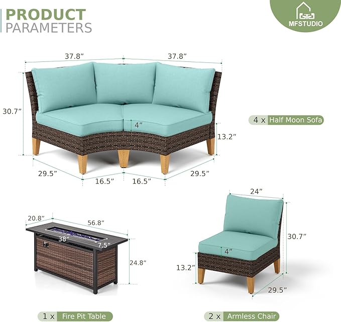 MFSTUDIO 11 Pieces Extra Large Wicker Patio Furniture Set, Rattan Outdoor Half-Moon Sectional Sofa Patio Conversation Sets with 56" Fire Pit Table, 8 x Curved Sofa, 2 x Armless Chair(Aqua Blue)
