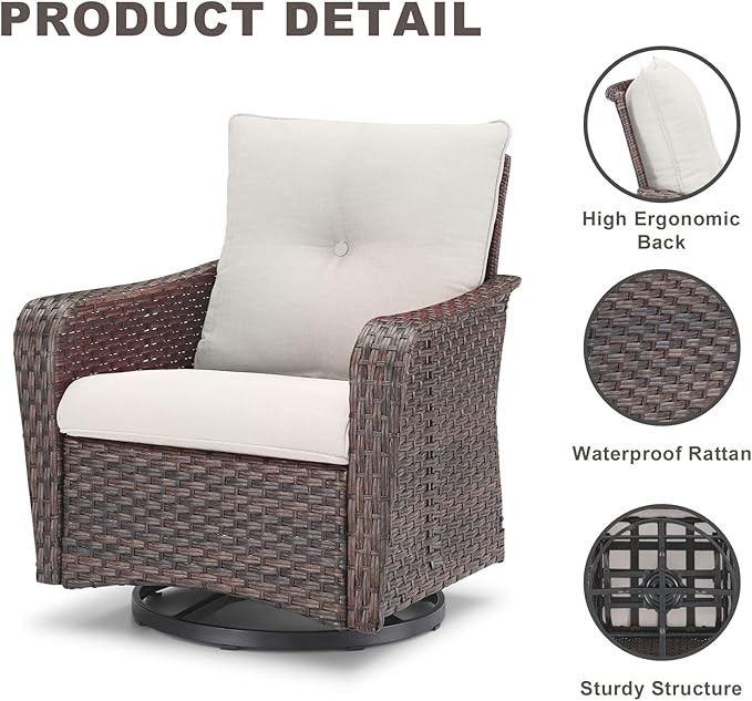 Rilyson Outdoor Patio Swivel Rocker Chairs - 3 PC Wicker Patio Bistro Sets with High Back,Comfy Cushions, Deep Seating and Side Table for Porch Deck Backyard Garden(Brown/Beige)