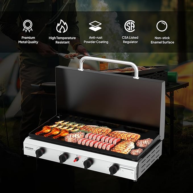 ROVSUN 4 Burner Portable Propane Griddle with Ignition & Regulator, 40,000 BTU Tabletop Flat Top Gas Grill with Enameled Tray & Lid for Outdoor Cooking Camping BBQ Tailgating Electronic