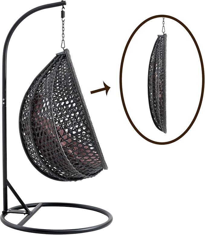 Hanging Egg Chair with Stand, Egg Swing Chair with Stand Indoor Outdoor, Black Wicker Swing Egg Chair for Adults, Hammock Chair with Comfortable Cushion and Stable Round Metal Base for Bedroom Patio