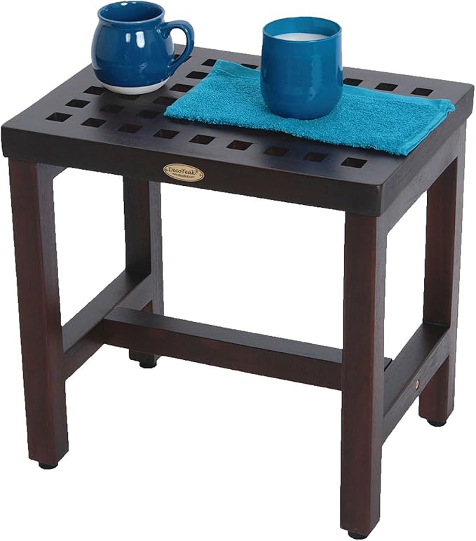DecoTeak Espalier 18 Inch Lattice Waterproof Teak Wood Shower Bench Stool Seat Chair for Inside Shower Provides Safety, Storage, and Organization for Bathroom Accessories