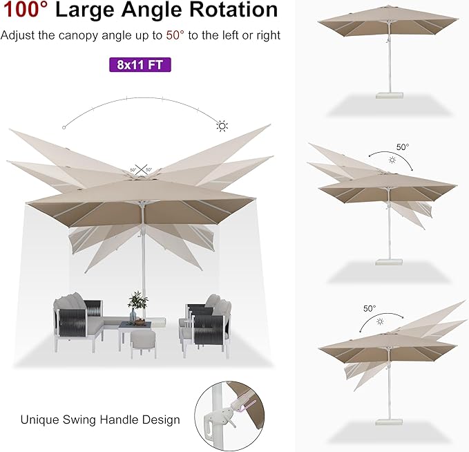 PURPLE LEAF 8' X 11.5' Right-left Tilt Patio Umbrella Swivel White Cantilever Umbrella with Tilt Aluminum Outdoor Umbrella with 360° Rotation for Deck Pool Garden, Beige