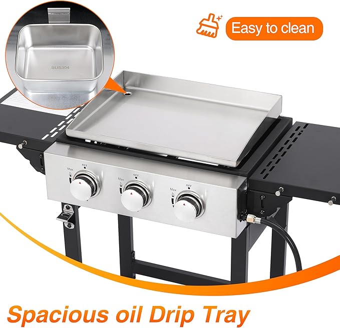 Portable 3-Burner Flat Top Grill with Folding Tabletop Design & Integrated Cart - 28650 BTU Propane Griddle for Outdoor Cooking, Camping, Tailgating