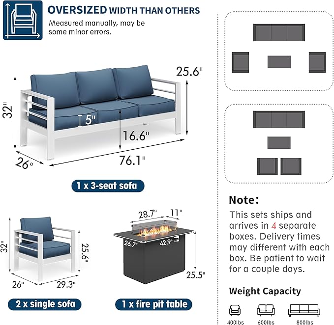 UDPATIO 8 Piece Aluminum Patio Furniture Set with Aluminum Fire Pit Table,Mordern Outdoor Furniture Set with Water-Proof Cover Included, White/Navy