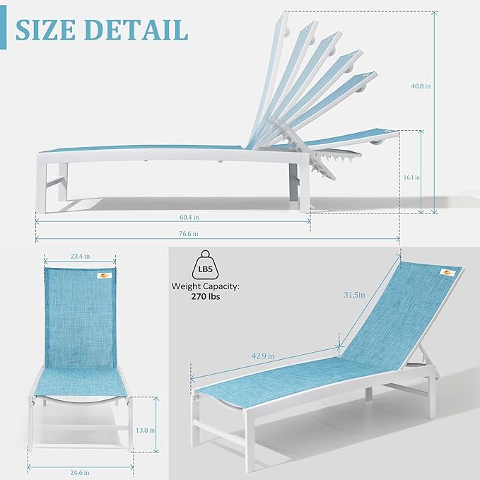 Patio Aluminum Chaise Lounge Chair, Outdoor Recliner Lounge Chair Sun Loungers, All Weather Chaise with 5 Adjustable Backrest and Lay Flat Positions for Garden, Balcony, Pool