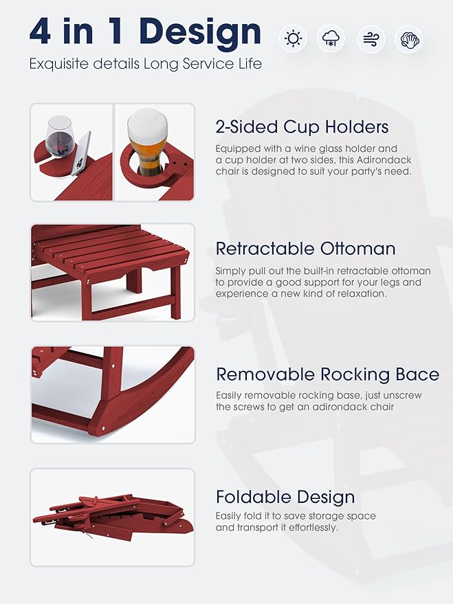 KINGYES Adirondack Rocking Chair Set of 4 with Retractable Ottoman and Cup Holders, HDPE Adirondack Rocker Patio Rocking Chair for Porch, Patio, Balcony, Burgundy Red