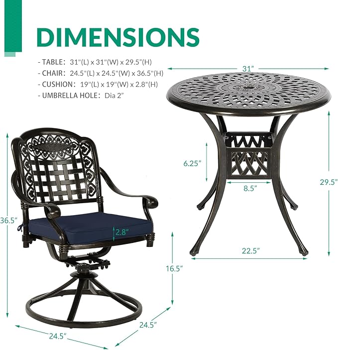 VIVIJASON 3-Piece Patio Bistro Set, Outdoor All-Weather Cast Aluminum Furniture Dining Set, Include 2 Swivel Chairs and 31" Round Table w/Umbrella Hole for Balcony, Lawn, Garden (Navy Blue Cushion)