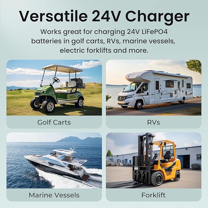 24V Lithium Battery Charger 30A LiFePO4 Charger 24 Volt Battery Charger for Forklift RV Boat Trolling Motor Solar System 1000W IP65 Waterproof with Cooling Fan Alligator Clips