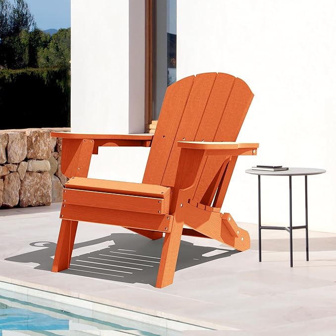 LOUNZY Folding Adirondack Chairs Set of 6, HDPE All-Weather Folding Adirondack Chair with Cup Holders, Outdoor Patio Adirondack Chair for Deck Lawn Fire Pit, Orange