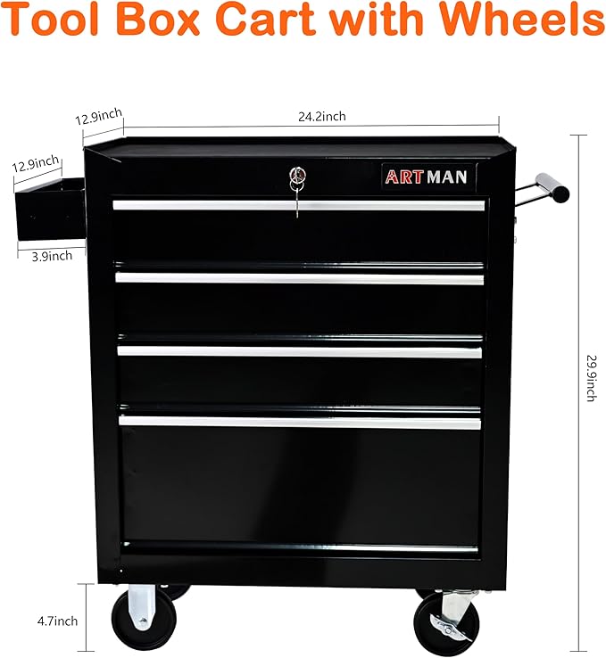4 Drawers Tool Cart on Wheels,Multifunctional Rolling Tool Chest Tool Storage,Drawers Rolling Tool Trolley Organizer Tool Case for Garage,Warehouse,Workshop,Repair Shop(Black)
