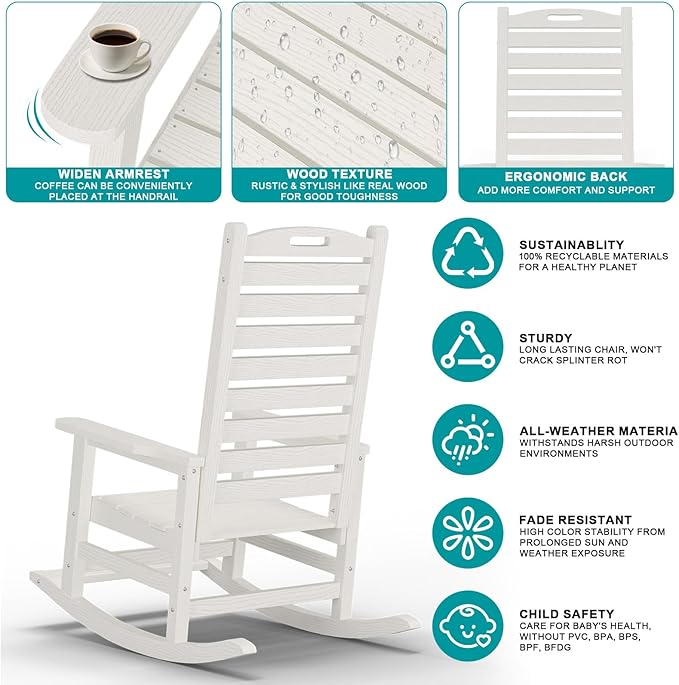 Outdoor Rocking Chair Set of 2 with Removable Footboard for Adults, HDPE High Back Patio Rocking Chairs, 330lbs All Weather Porch Rocking Chairs for Outdoor & Indoor -White