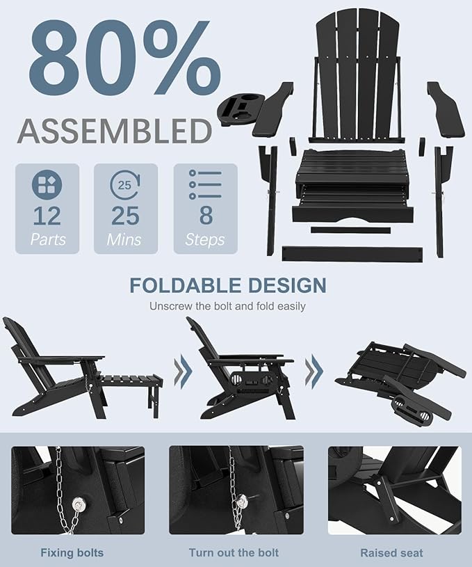 Adjustable Adirondack Chair with Retractable Ottoman Set of 8, HDPE Folding Adirondack Chair with Cup Holder, All Weather Fire Pit Chair for Outdoor.