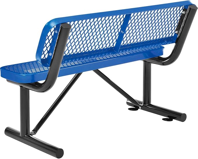Global Industrial 4'L Heavy Duty Expanded Metal Mesh Bench with Backrest with Steel Frame, Portable Outdoor Bench, 1000 lbs Capacity, Blue, 48" L x 24" W x 33" H