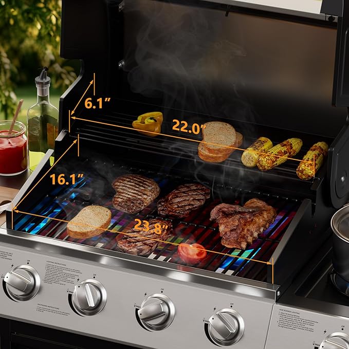 4 Burner Gas Grill with Side Burner,Stainless Steel Propane Grill Outdoor BBQ Grill with Oil Tray and Built-in Thermometer for Outdoor Barbecue, Camping, Patio, Backyard, 49,000 BTU