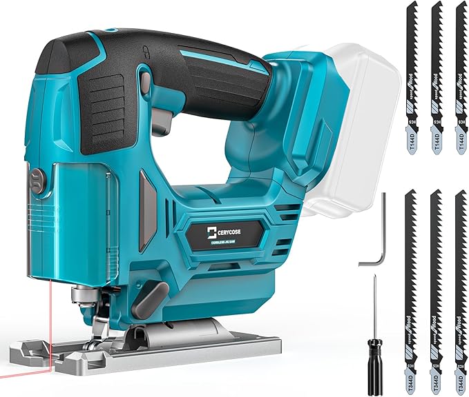 Jig Saw Compatible with Makita 18V Battery, Laser Guide Cordless Jigsaw Tool, Brushless Motor, Variable Speed, 45° Bevel Angle Cut, LED Light, 3 Orbital Sets, 6PCS Blades (No Battery)