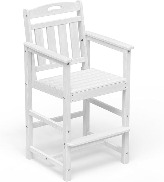 HDPE Outdoor Patio Tall Bar Chair, All-Weather Bar Height Balcony Adirondack Stools for Bistro, Garden, Backyard, Deck | White