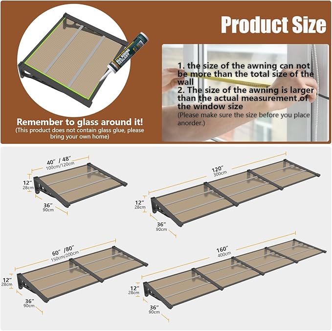 Door Awning Window Canopy, Modular Spliced Awnings for Outside,Porch,Patio,Deck,Polycarbonate Sheet,UV, Rain, and Snow Protection (Brown Board & Black Bracket, 35'’*120'’)