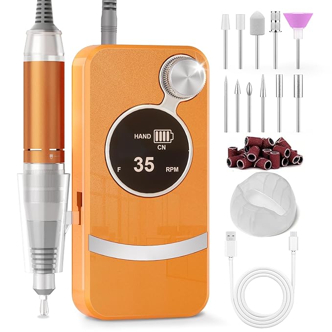 [2025 Upgraded] Electric Nail Drill Professional, Portable Rechargeable 35000 RPM - Cordless Electric Nail File Machine Kit for Acrylic Gel Polishing Removing, Manicure at Home DIY & Salon (Orange)