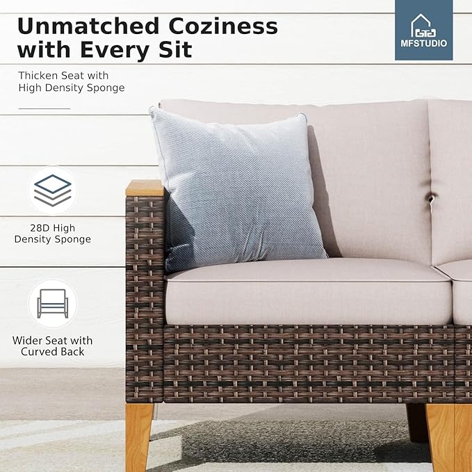 MFSTUDIO 9 Pieces Wicker Patio Furniture Set, All-Weather Rattan Outdoor Conversation Set Half-Moon Curved Patio Sectional Sofa Set for Garden, 4 x Curved Sofa, 1 x Armless Sofa, 4 x Ottomans