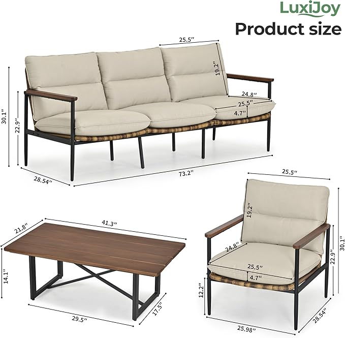 4-Piece Patio Furniture Sets, All Weather Rattan Patio Conversation Set with Aluminum Frame, 3-Seat Sofa, 2 Chairs and Coffee Table, Smooth Wooden Armrest & Olefin Cushion for Yard Deck Porch