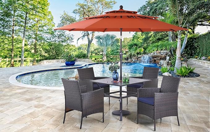 PHI VILLA 5 Piece Patio Dining Set with 10ft Umbrella, 37" Square Metal Dining Table & 4 Cushioned Rattan Chairs with Red Umbrella for Outdoor, Deck, Yard, Porch
