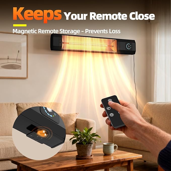 Wall-Mounted 34" 1500W Infrared Electric Patio Heater with Remote & Motion Sensor, 9 Heat Levels, 9H Timer, IPX5 Waterproof for Indoor Outdoor Use