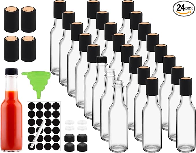 Ahhute Sauce Bottles, 5oz Small Olive Oil Bottles with Shrink Capsules, Mini Vanilla Wine Bottle for Wedding Favors Gifts, Glass Hot Sauce Bottles w/Black Caps and Silicone Funnel, Set of 24