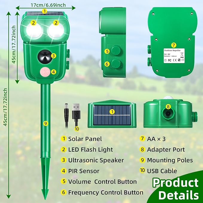 2 Pack Solar Animal Repeller Ultrasonic Deer Repellent Devices Cat Repellent Outdoor to Keep Cats Away Squirrel Skunk Dog Raccoon Coyote Fox Deterrent with Motion Sensor & Light for Farm Garden Yard