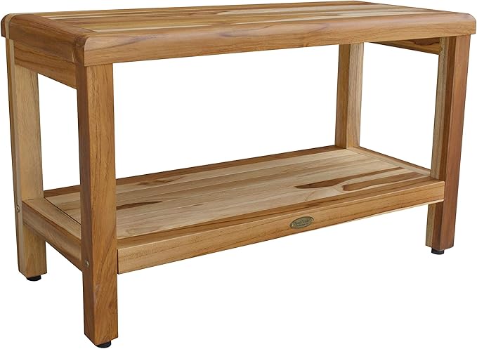 EcoDecors Eleganto 30 Inch Natural Color Waterproof Teak Wood Shower Bench Stool Seat Chair For Inside Shower Provides Safety, Storage, and Organization For Bathroom Accessories